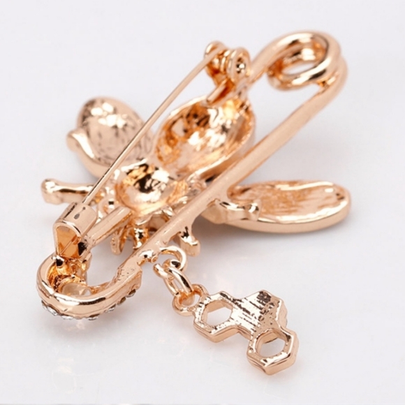 Gold Honey Bee Safety Pin Rhinestone Brooch - Picture 3 of 6